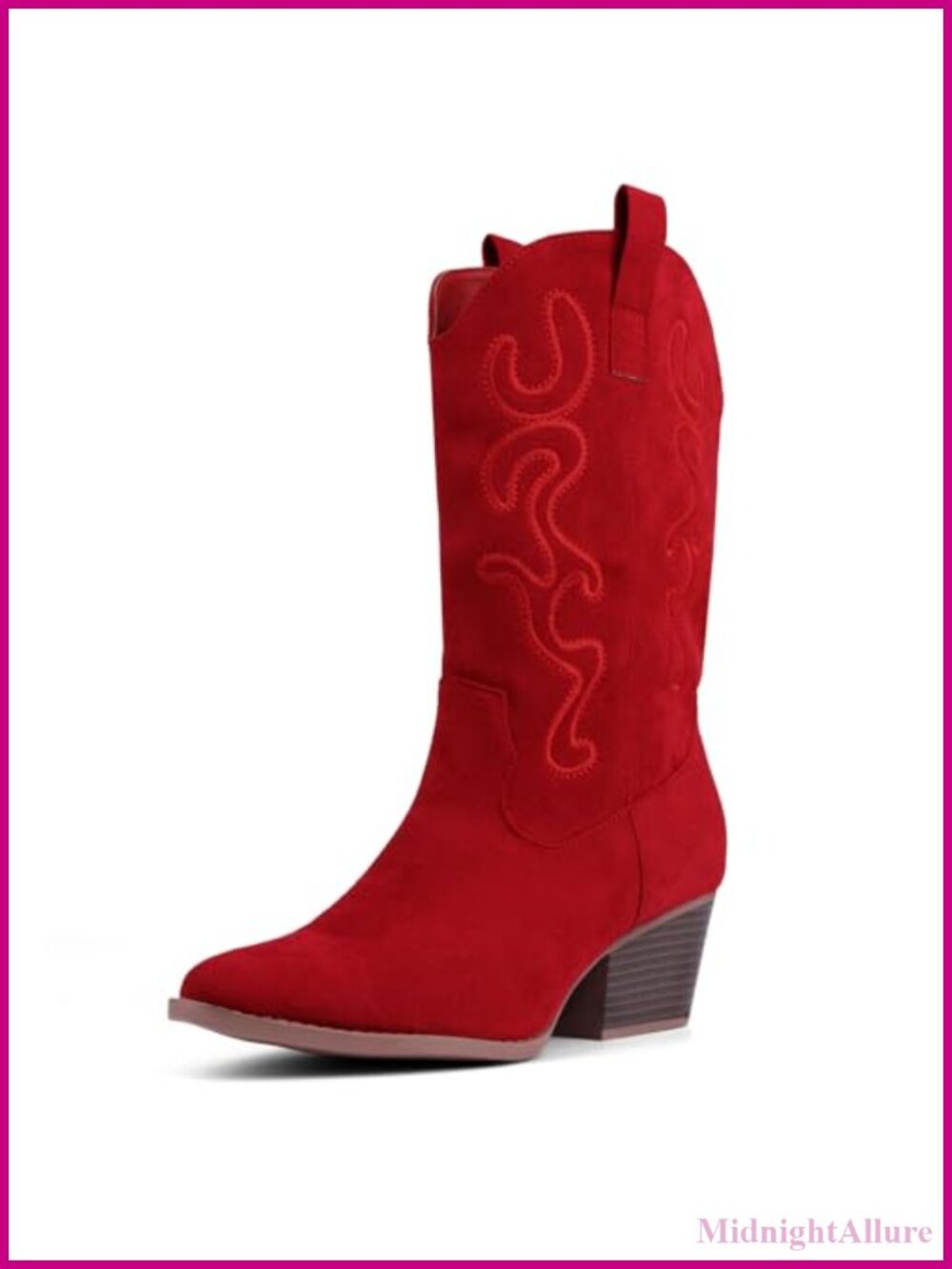 Cowboy Boots Women Faux Suede Mid Calf Western Embroidered Chunky Block Heel